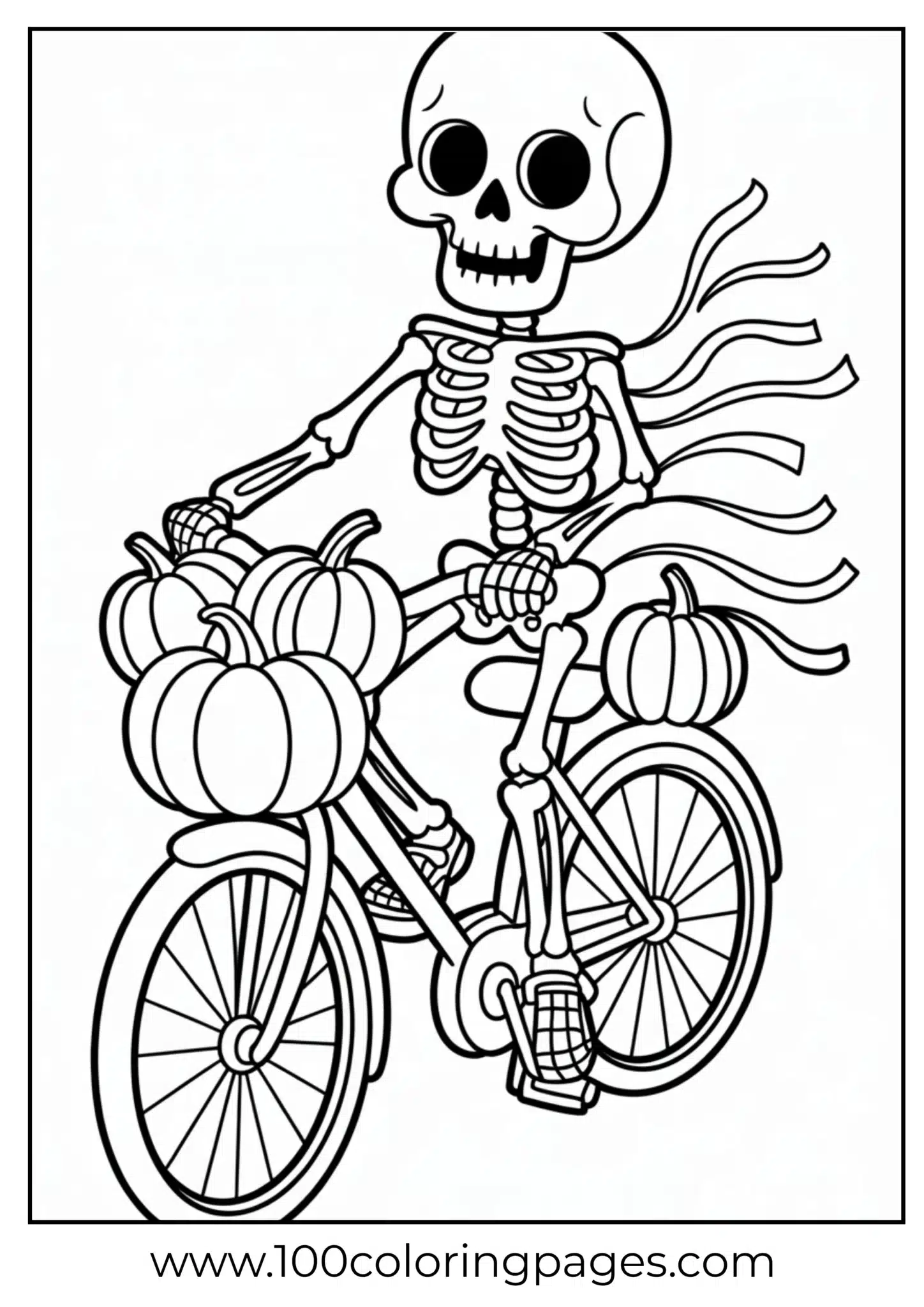 Skeleton on a bicycle decorated for Halloween