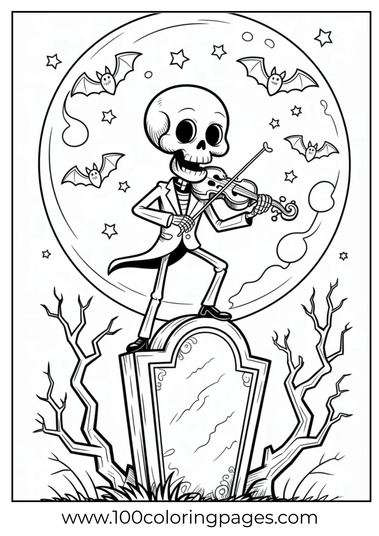 A skeleton playing violin near grave