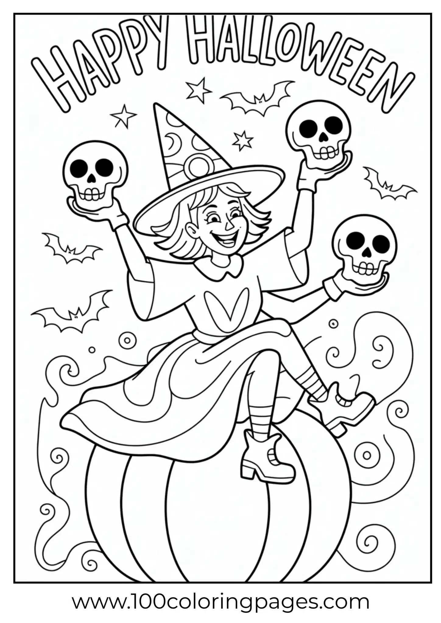 A witch juggling skulls on Halloween
