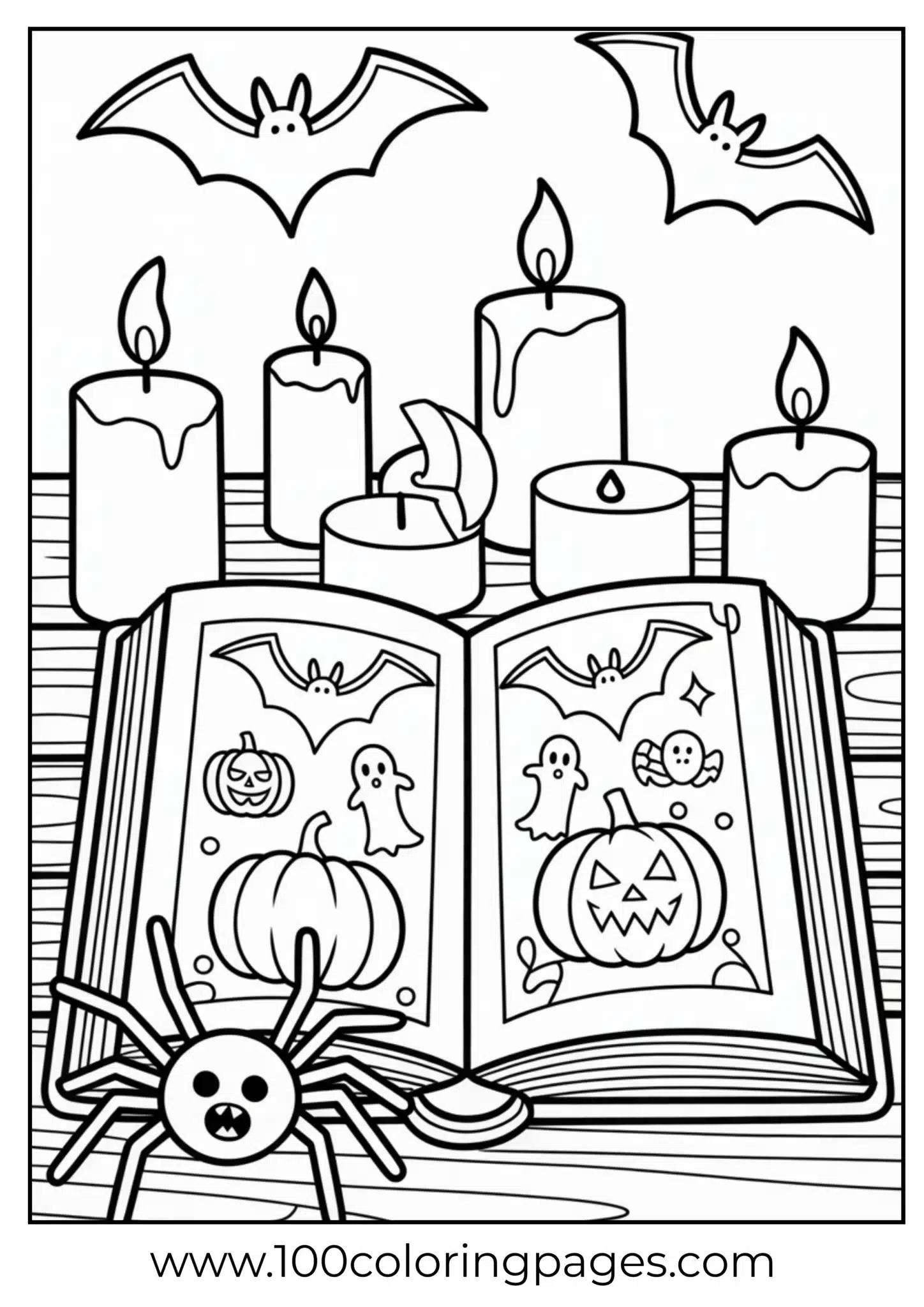 A spellbook surrounded by candles and spider on Halloween