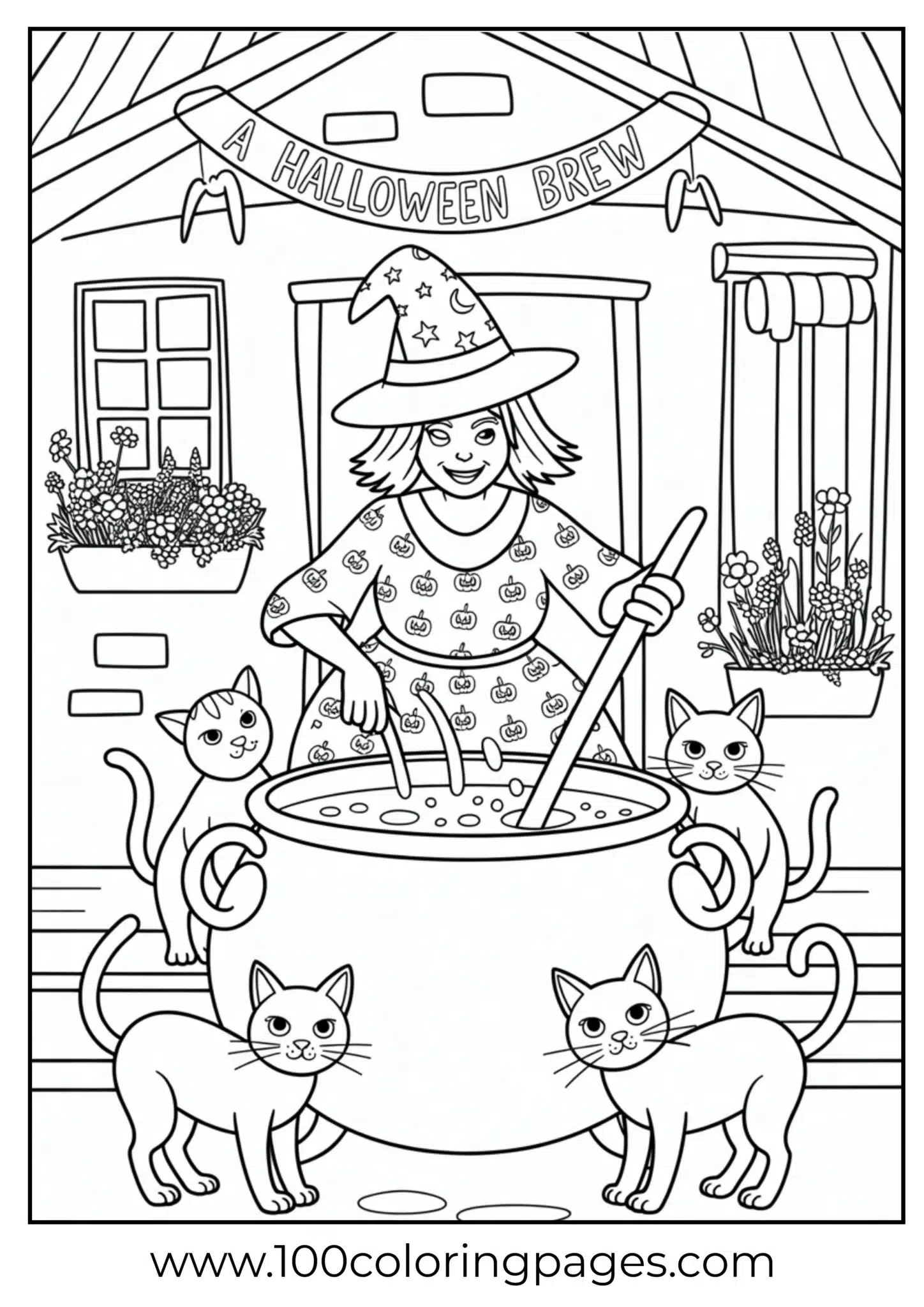 A witch making tea in cauldron on Halloween
