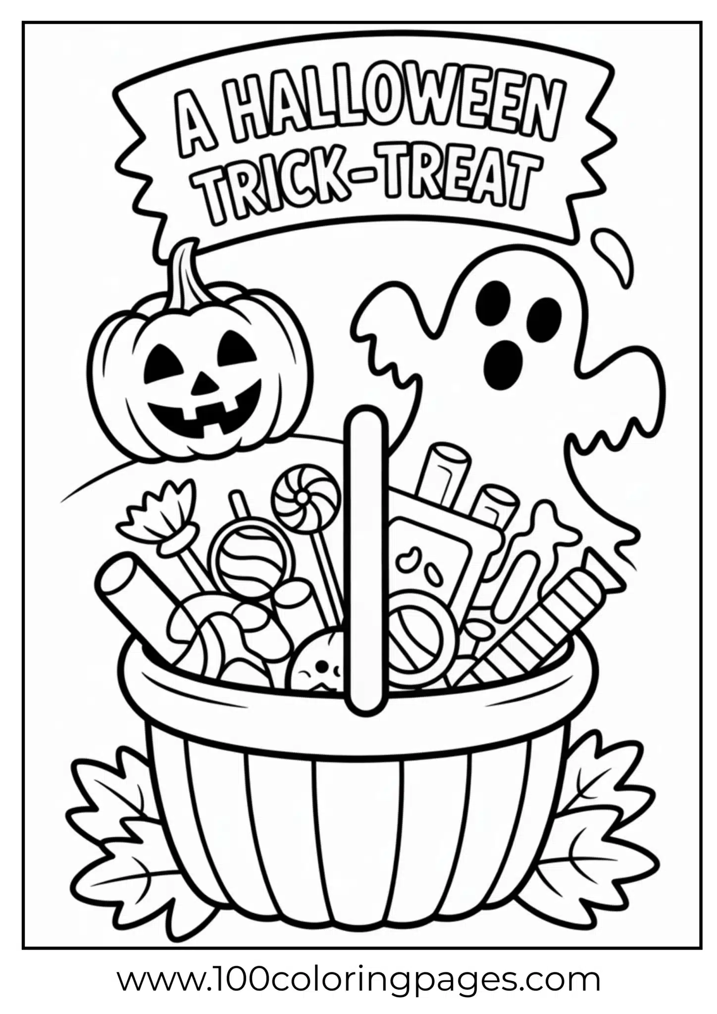 A basket of Halloween treats with a ghost and pumpkin