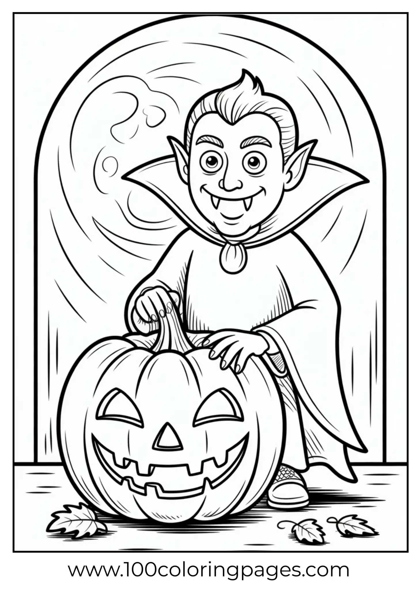 A vampire with fangs and a pumpkin on Halloween