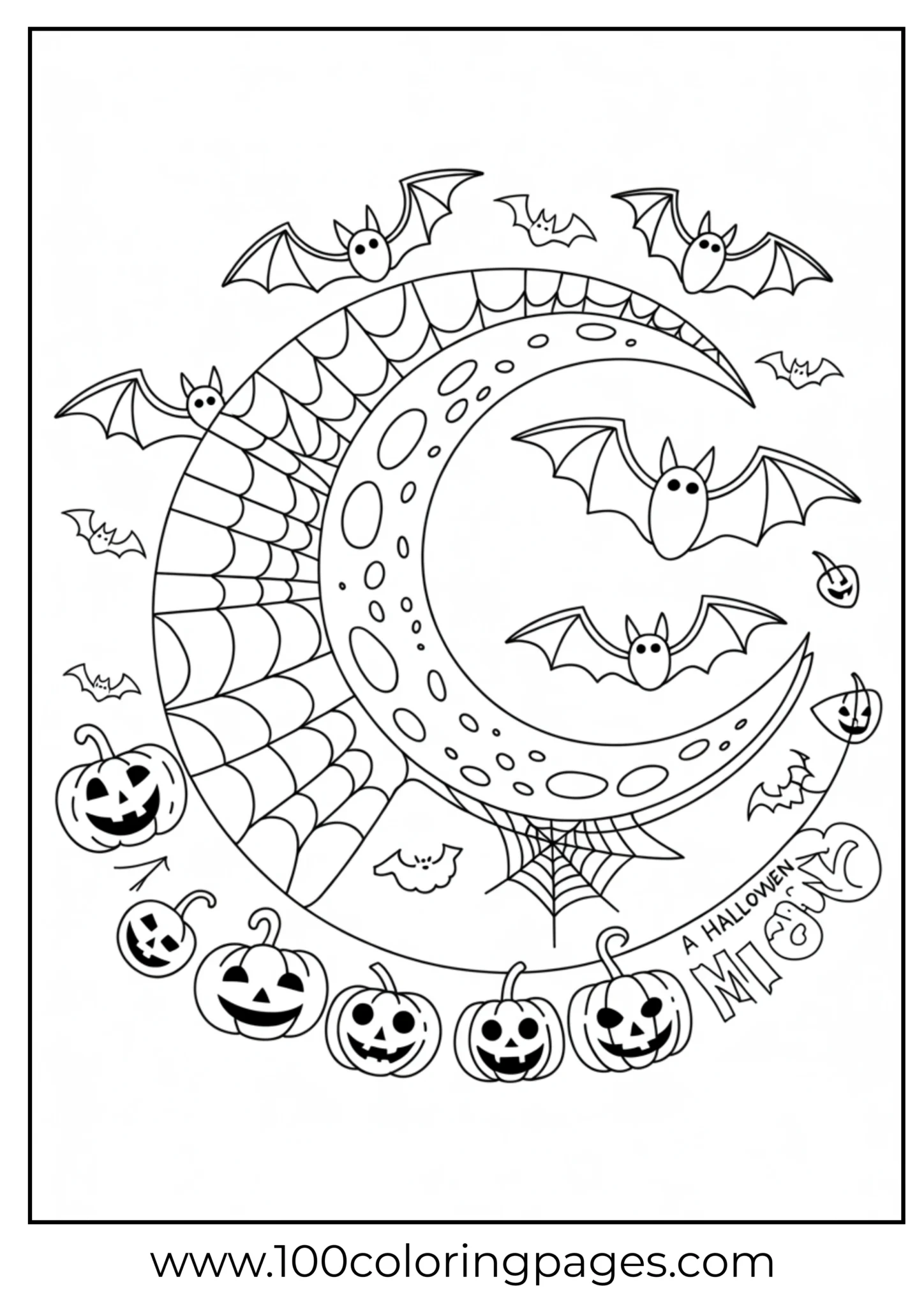 A moon with spider webs and bats on Halloween