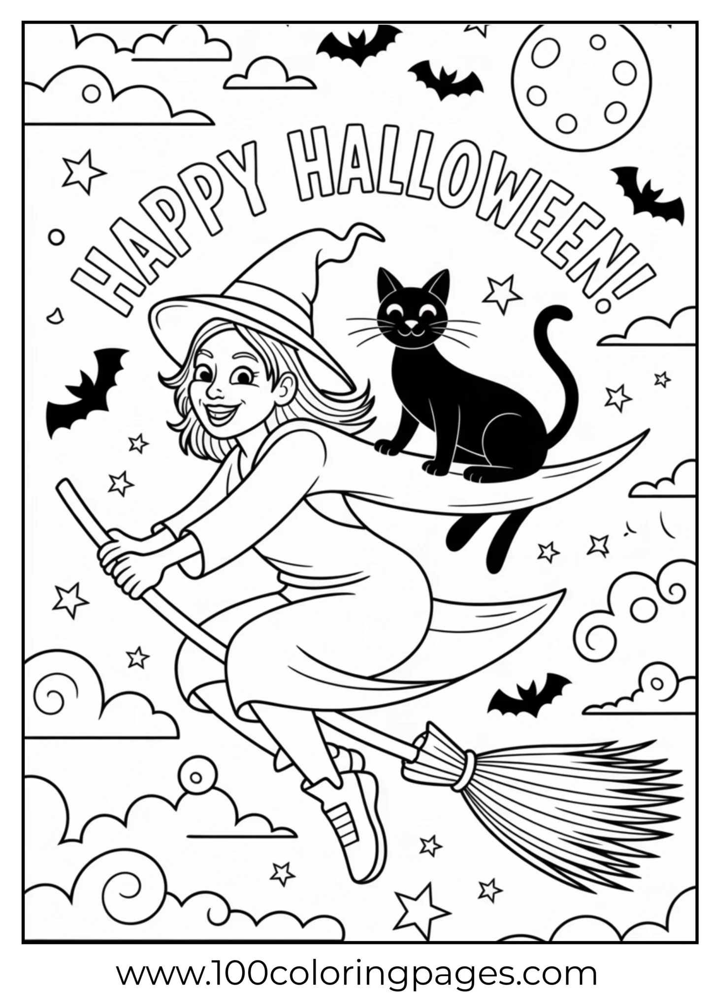 A witch flying with cat on Halloween