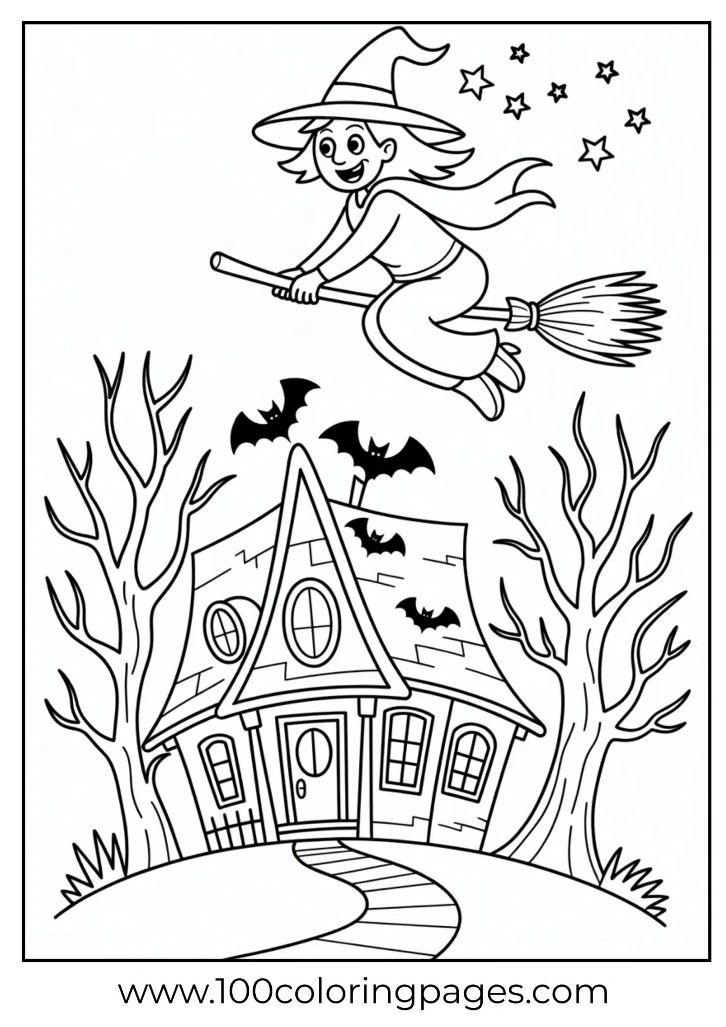A witch flying over a haunted house on Halloween