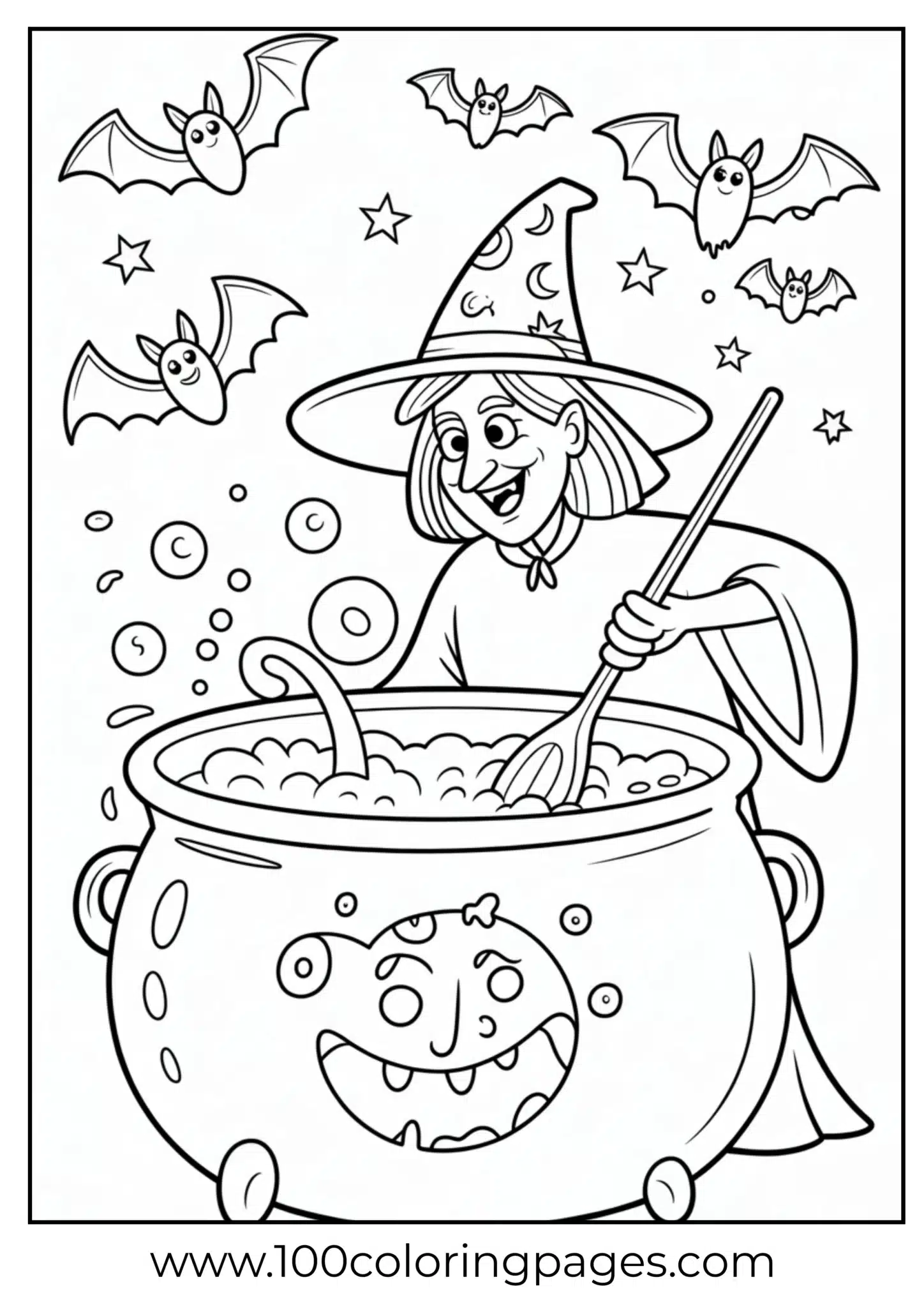 A witch stirring cauldron on Halloween night