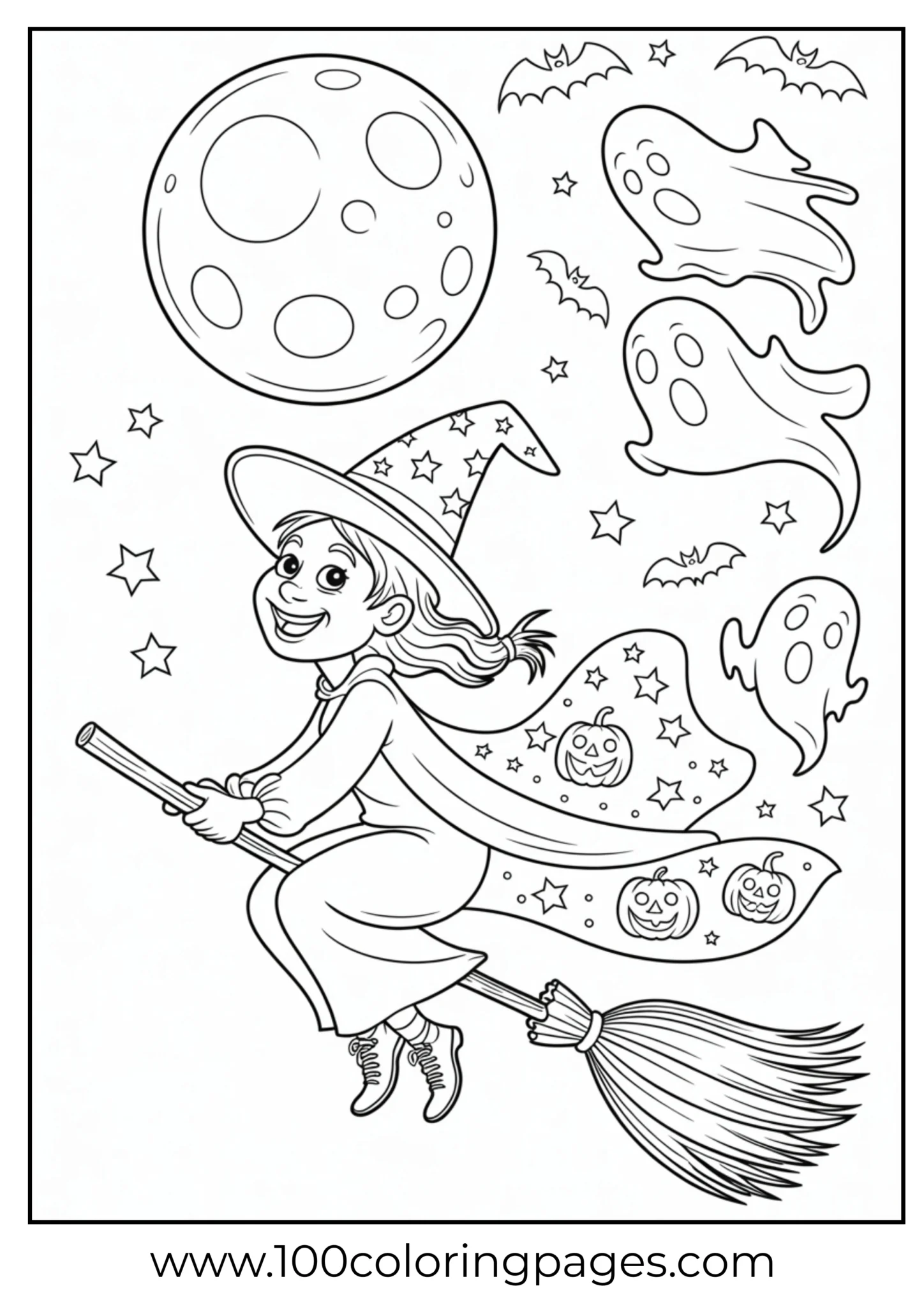 A witch flying in front of a full moon