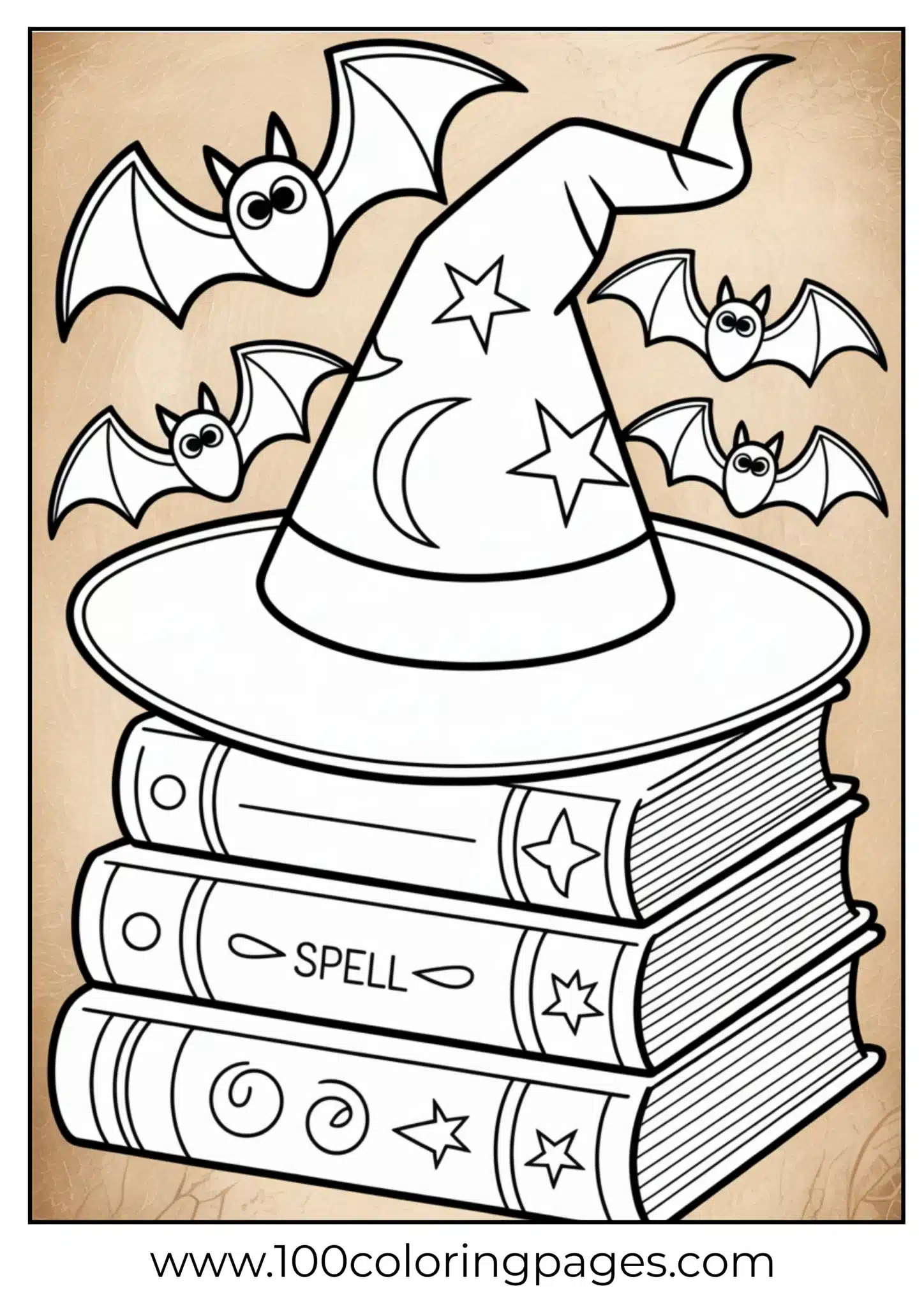 A witch hat and books with bats flying