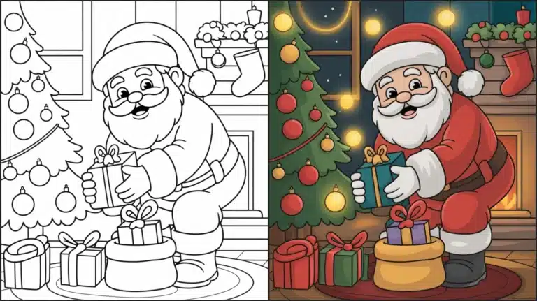 Santa placing gifts under a Christmas tree, Christmas coloring pages split with black-and-white and colored version