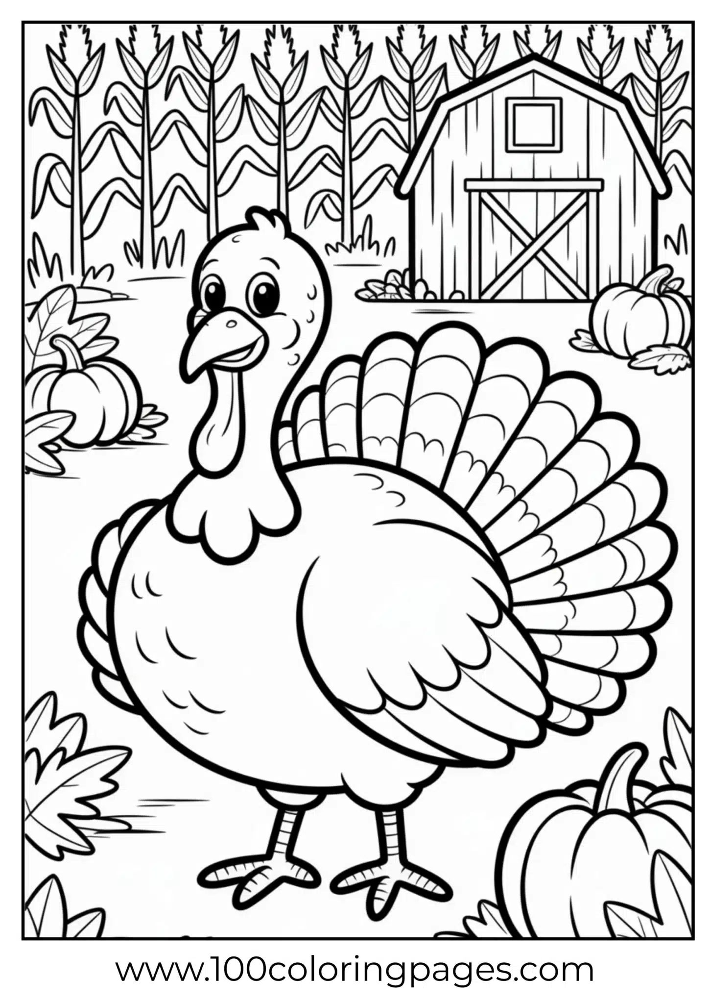 A turkey near barn and cornstalks on Thanksgiving