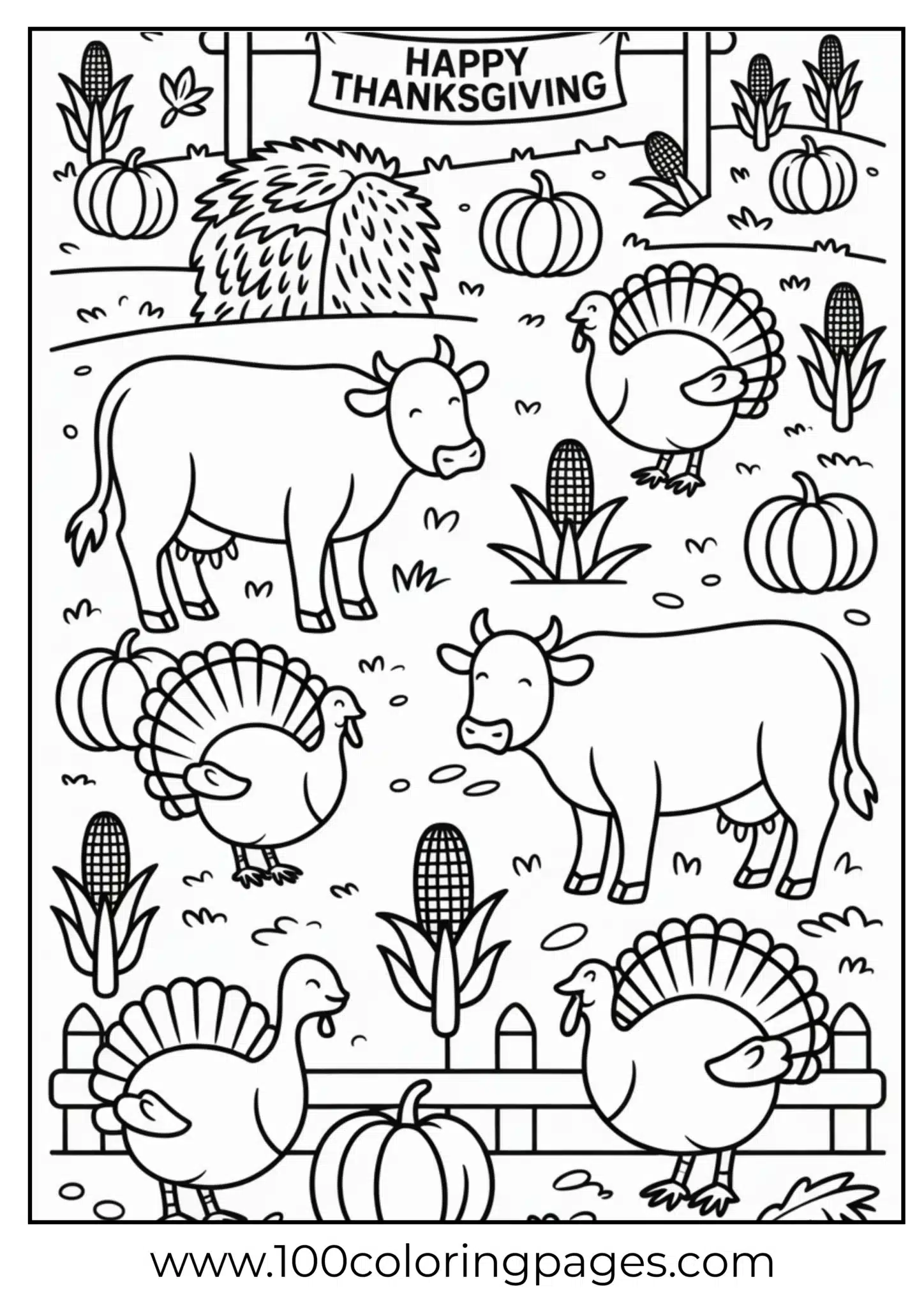 A barnyard with turkeys and pumpkins at Thanksgiving