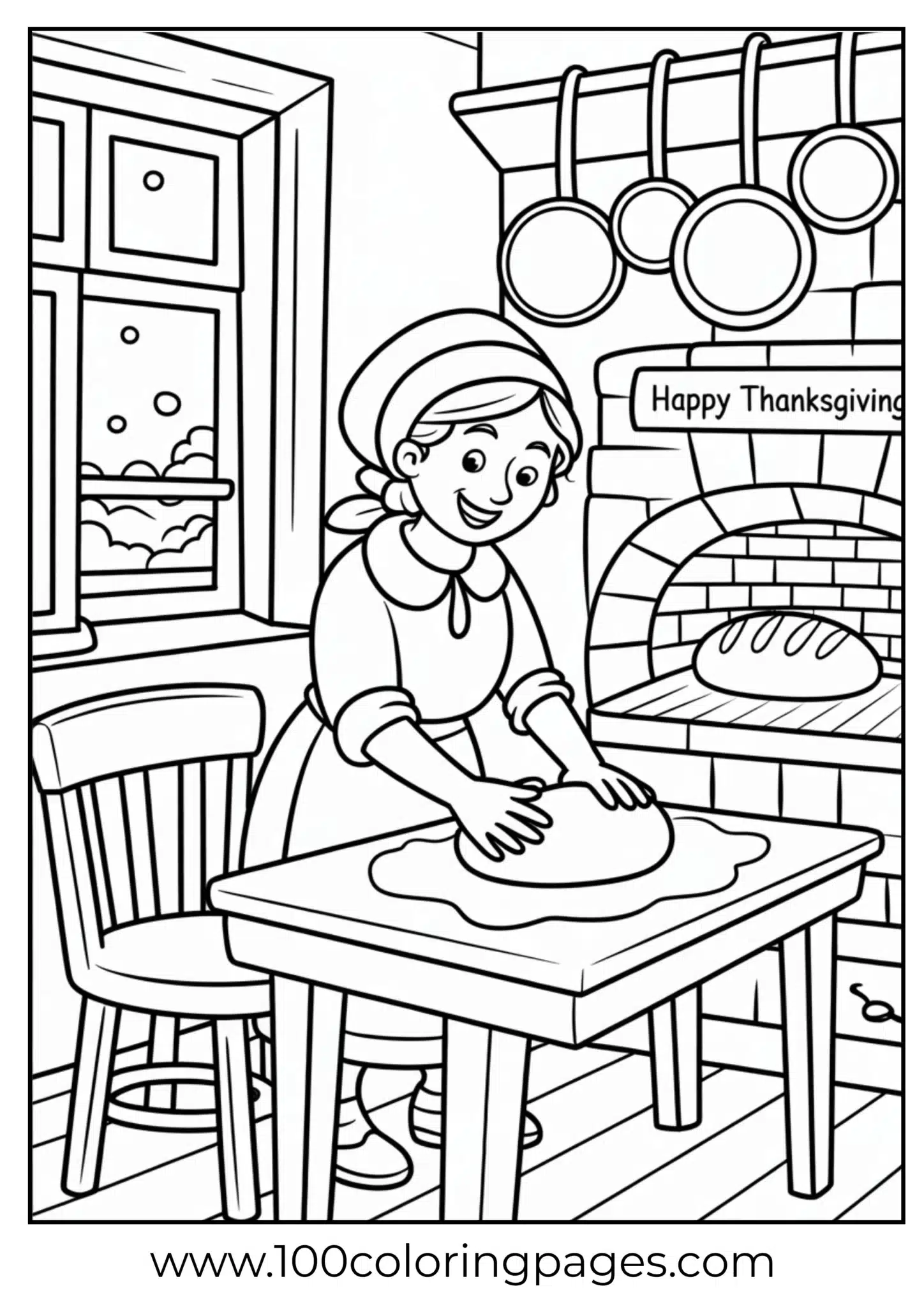 A pilgrim baking bread on Thanksgiving