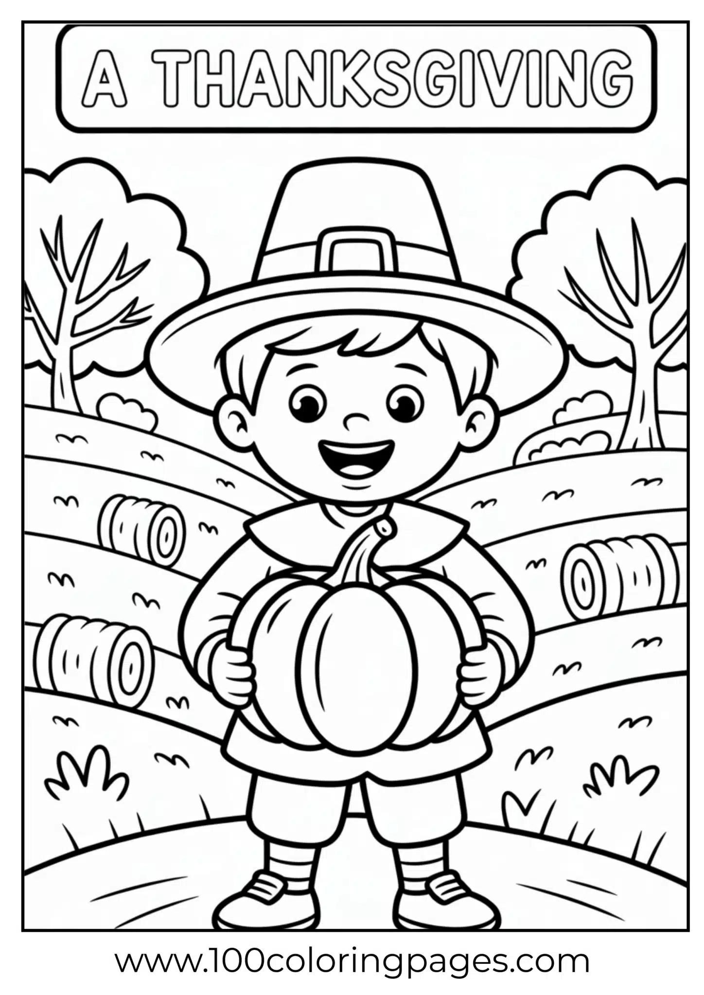A child pilgrim holding pumpkin at Thanksgiving