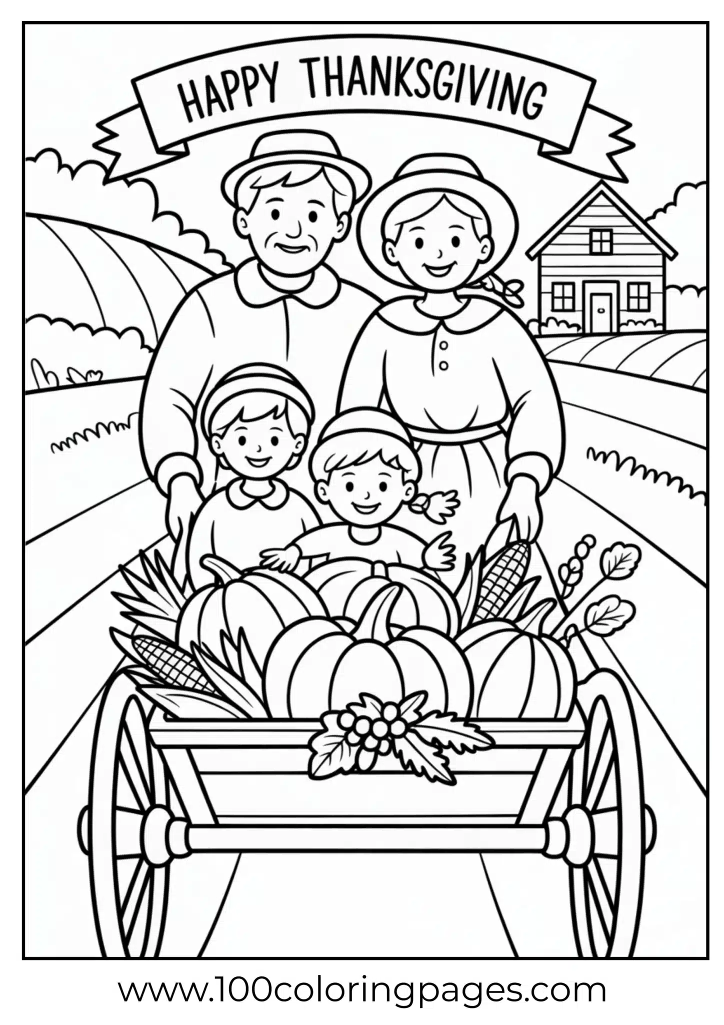 A pilgrim family with harvest cart at Thanksgiving