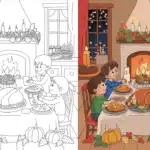 Thanksgiving coloring pages featuring children at a dinner table with turkey, pies, pumpkins, and a cozy fireplace scene — free printable PDF