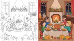 Thanksgiving coloring pages featuring children at a dinner table with turkey, pies, pumpkins, and a cozy fireplace scene — free printable PDF
