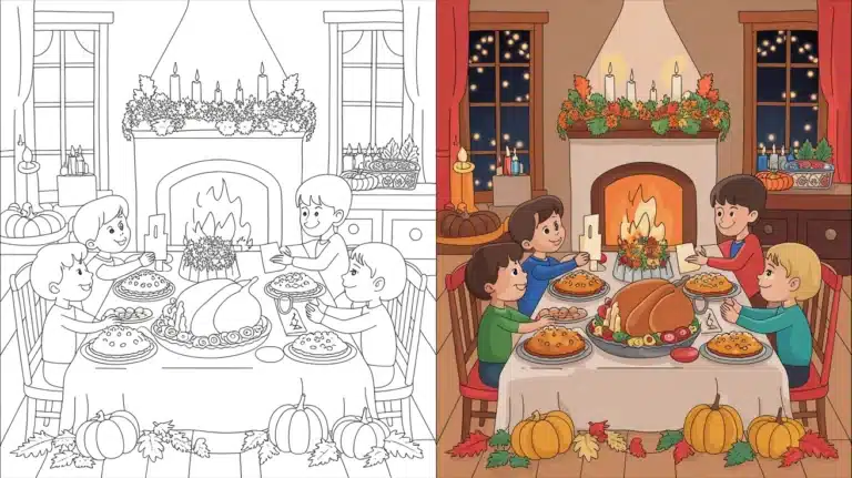 Thanksgiving coloring pages featuring children at a dinner table with turkey, pies, pumpkins, and a cozy fireplace scene — free printable PDF