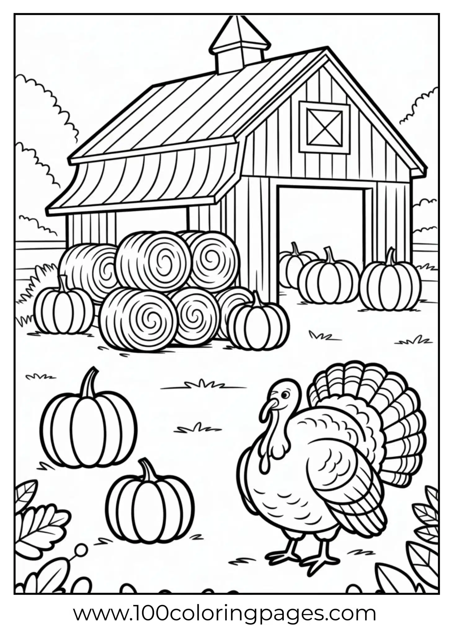 A farm with hay and pumpkins at Thanksgiving