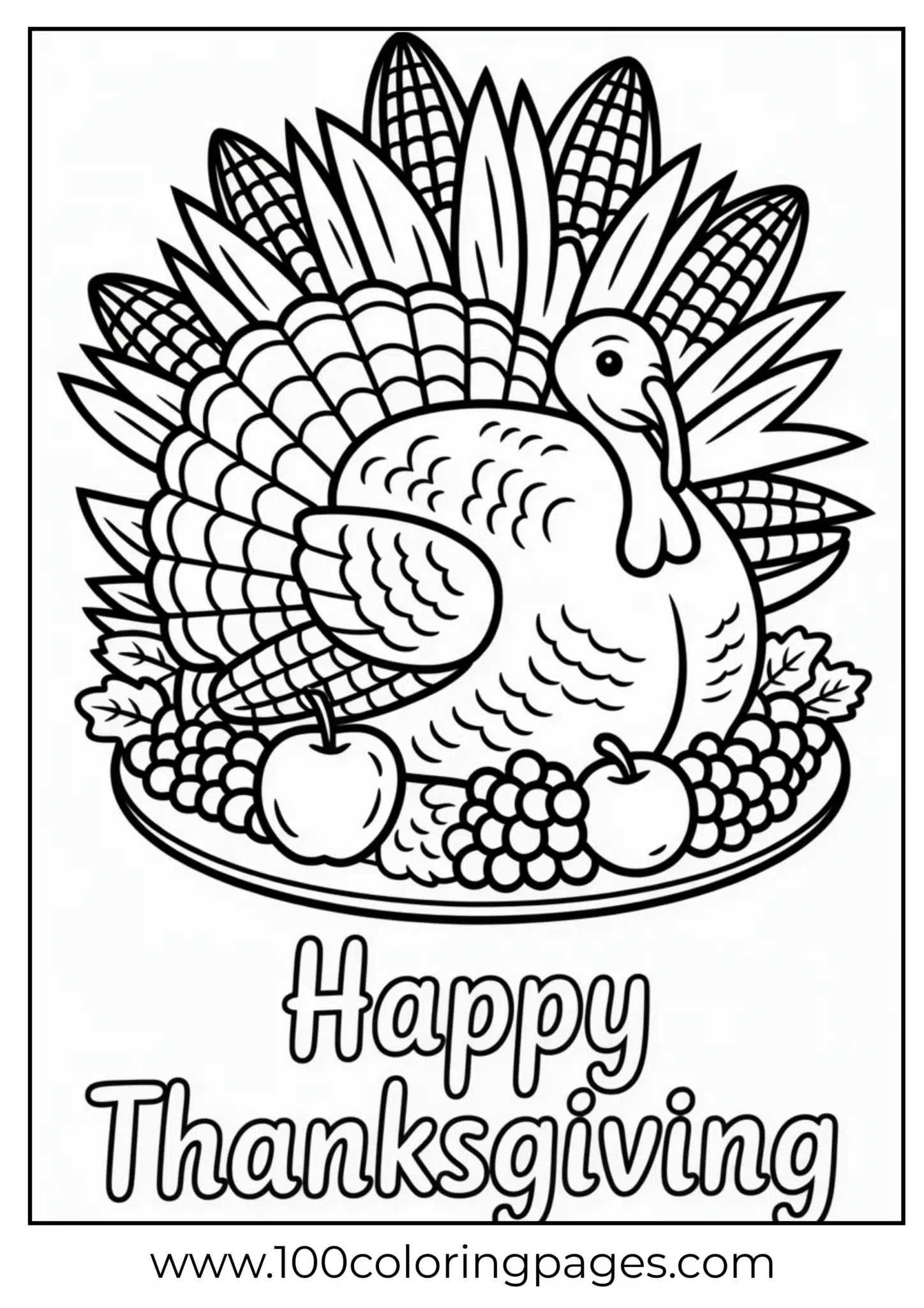 A turkey surrounded by fruits and vegetables