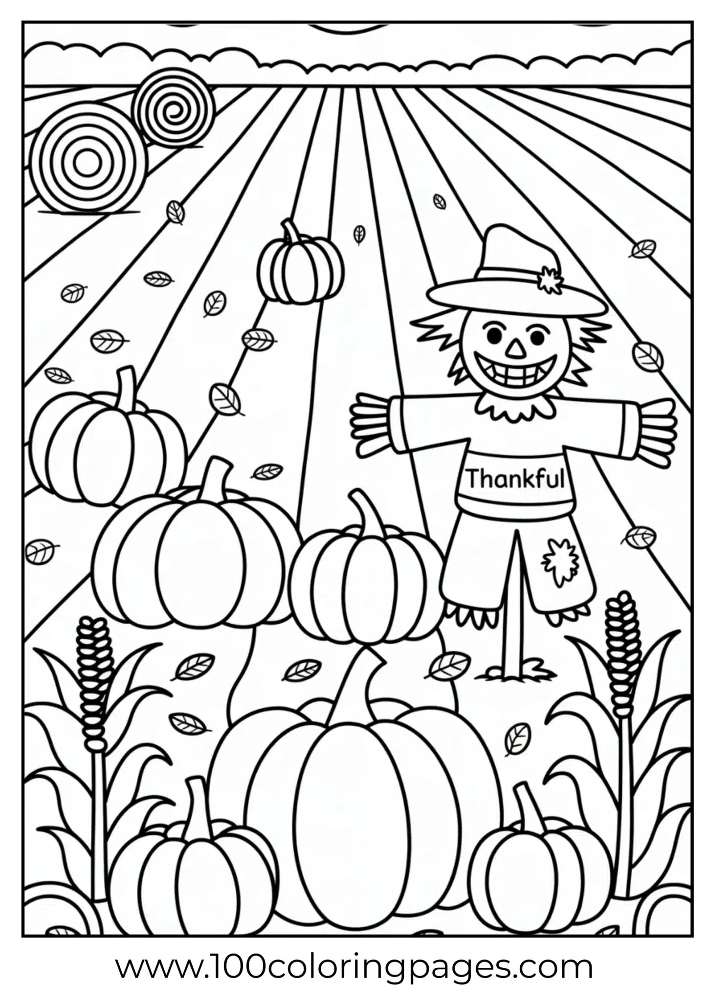 A field with hay and pumpkins at Thanksgiving