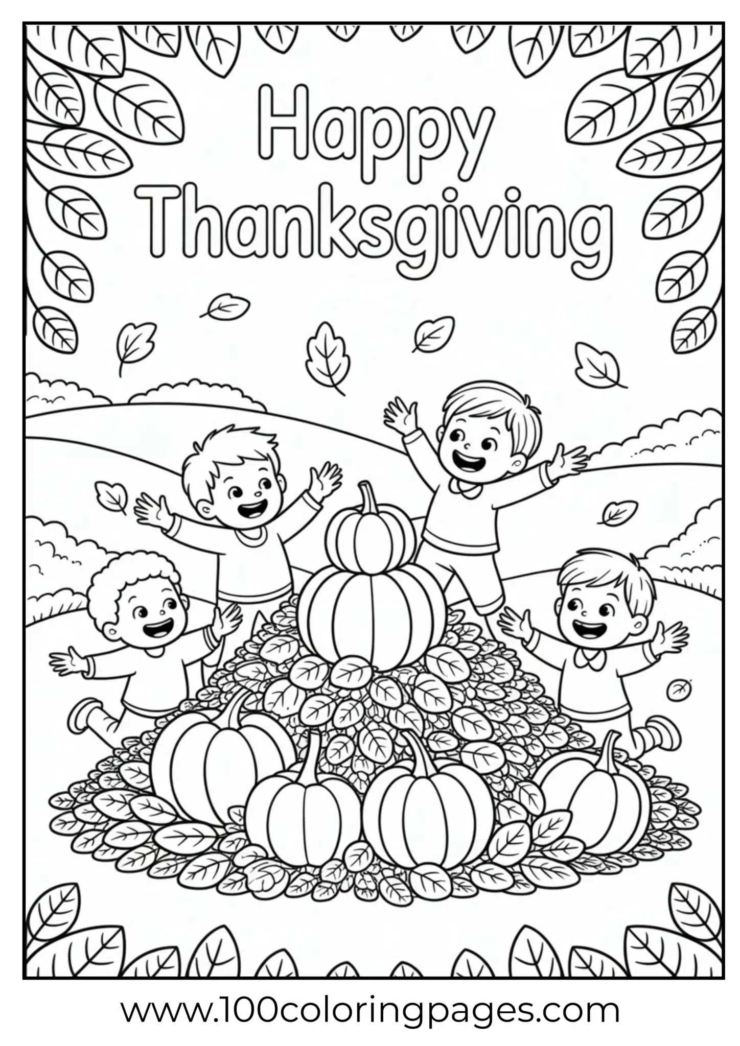 Kids playing in autumn leaves at Thanksgiving