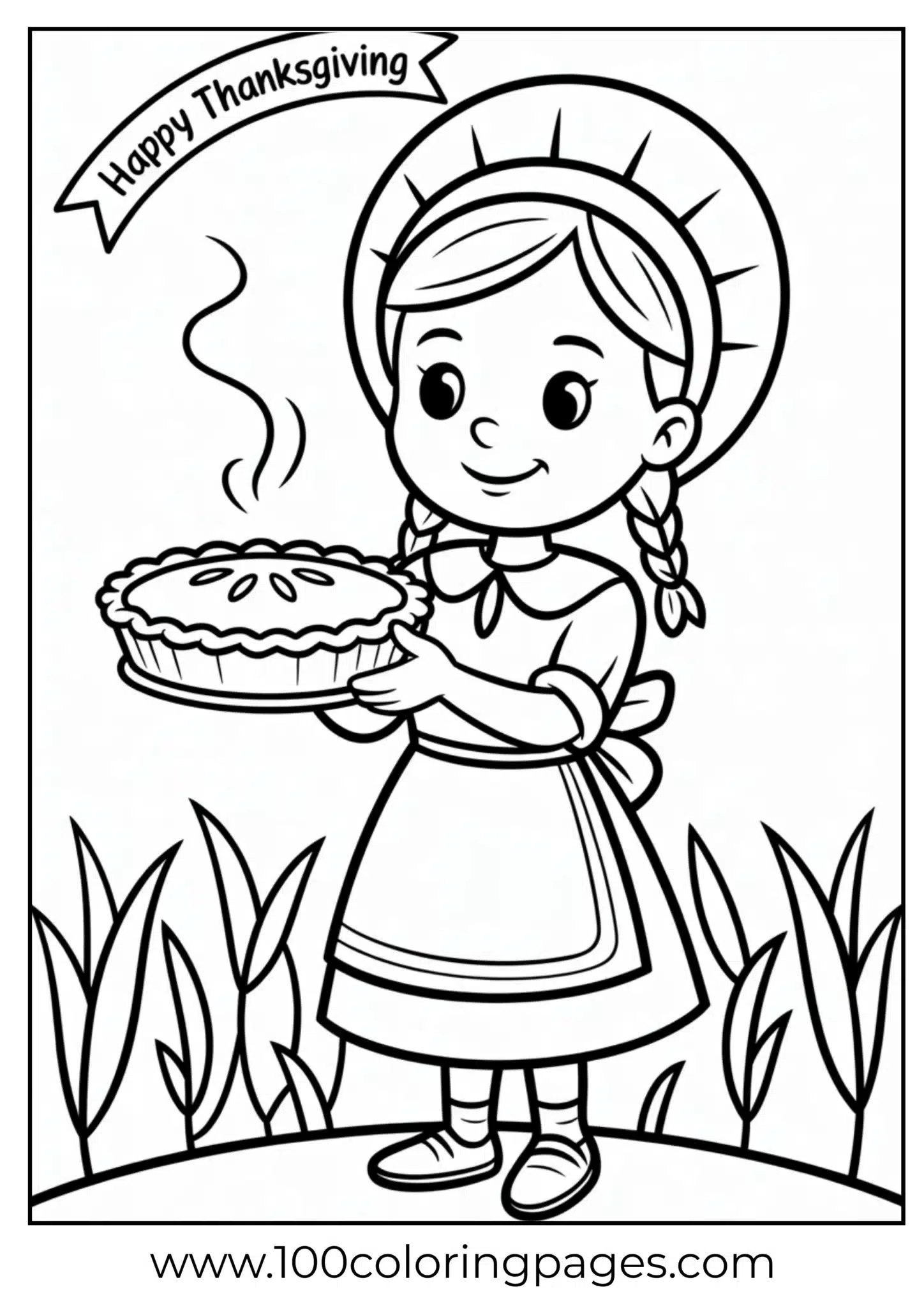 A pilgrim girl serving pie on Thanksgiving