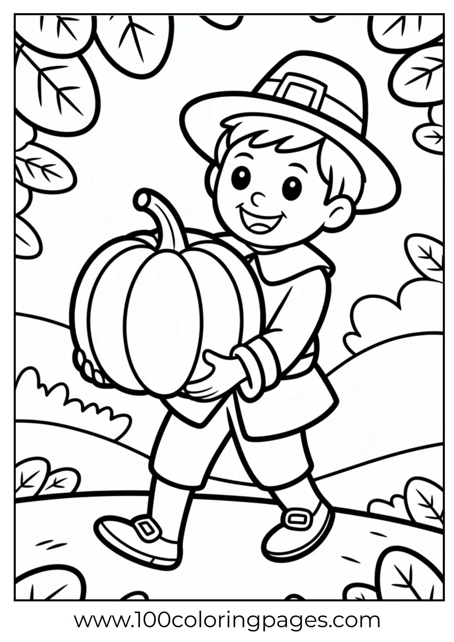 A pilgrim boy holding pumpkin at Thanksgiving