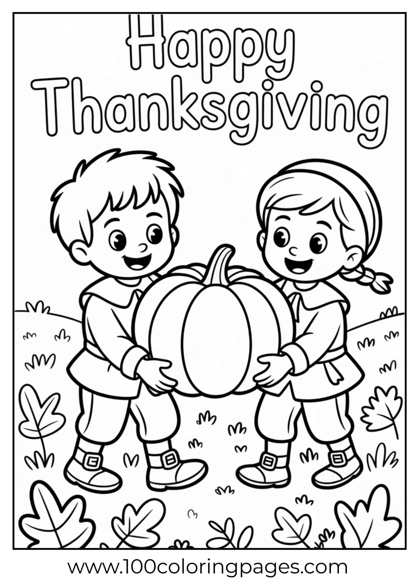 Pilgrim kids carrying pumpkin on Thanksgiving