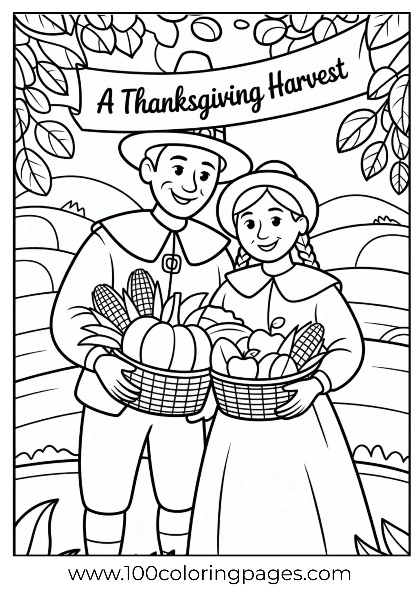 A pilgrim couple with baskets at Thanksgiving
