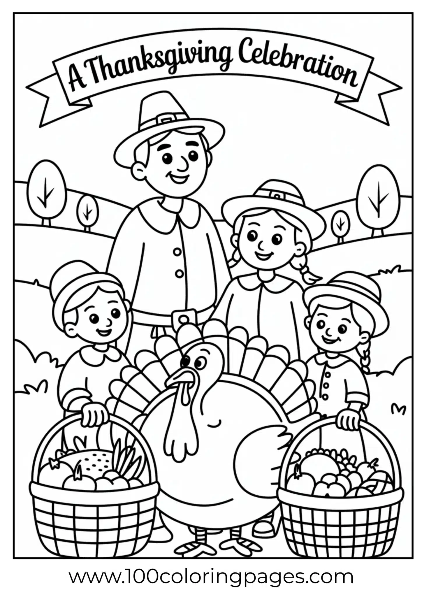 Pilgrims with turkey and harvest baskets at Thanksgiving