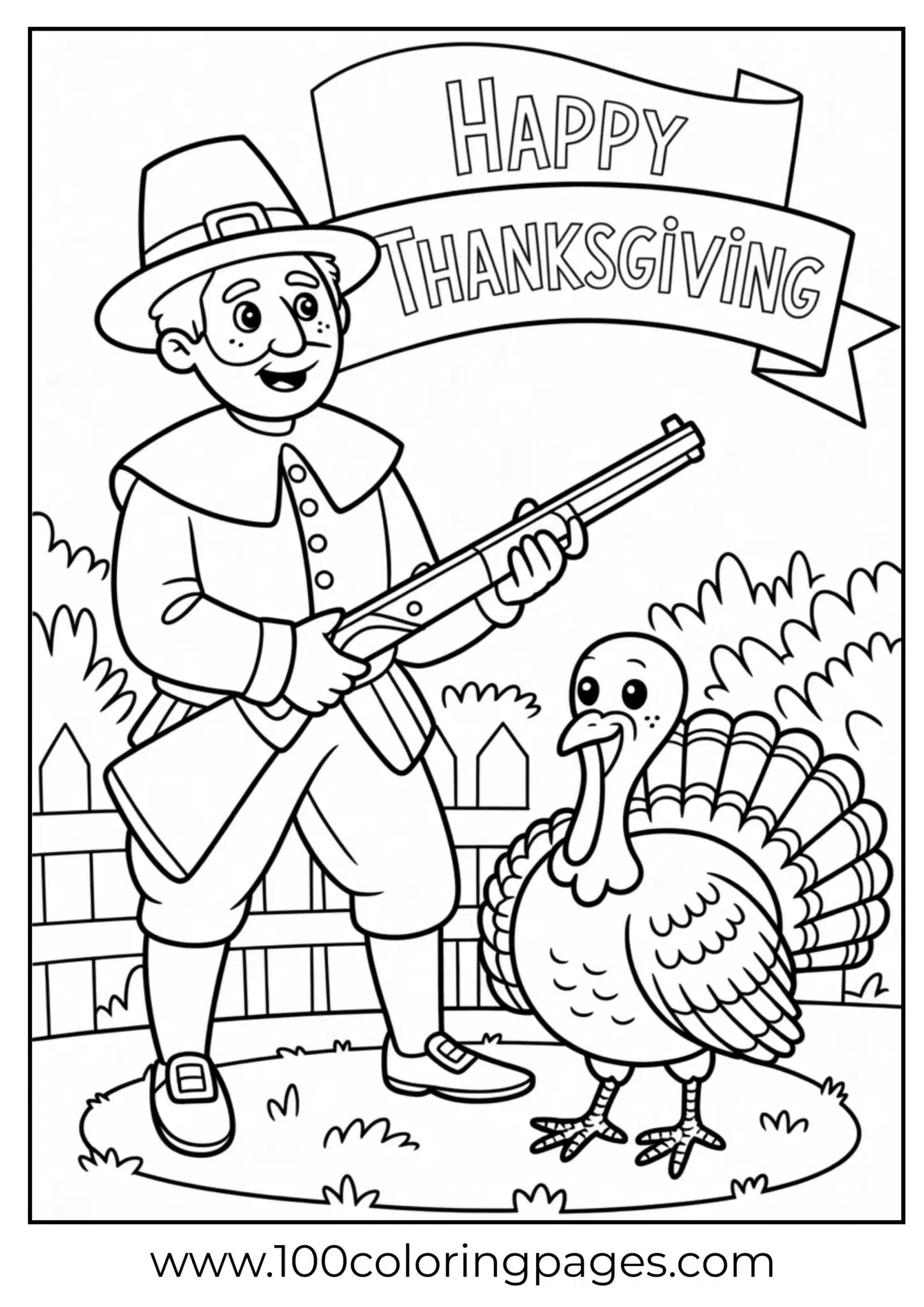 A pilgrim with musket and turkey at Thanksgiving