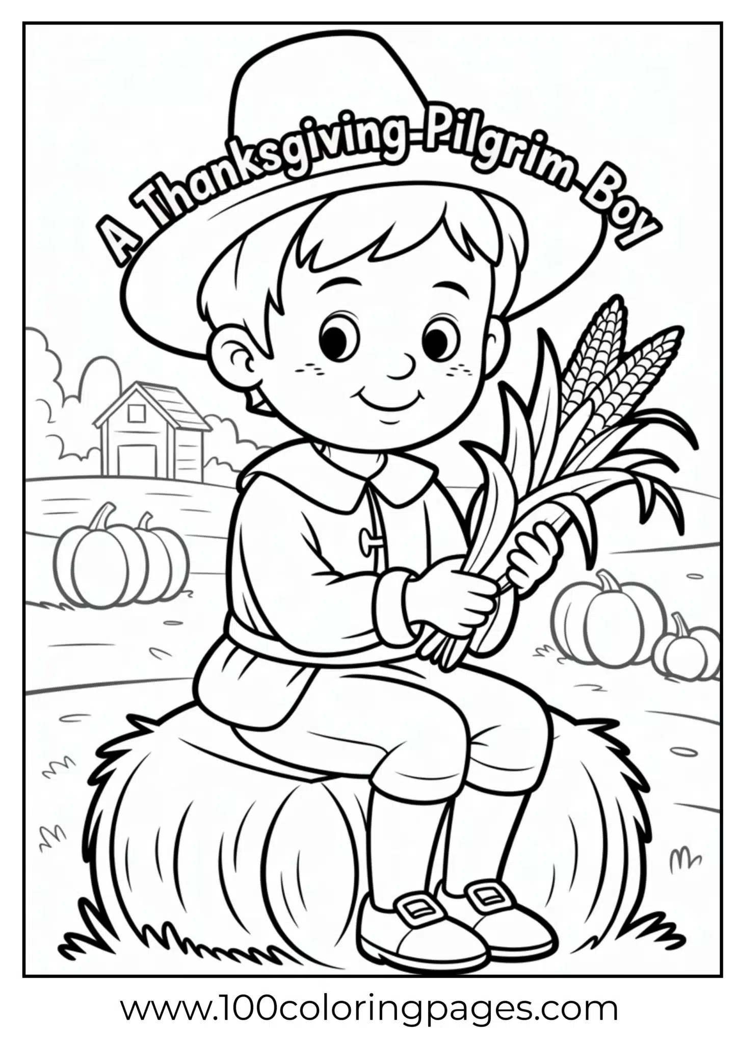 A pilgrim boy on hay at Thanksgiving