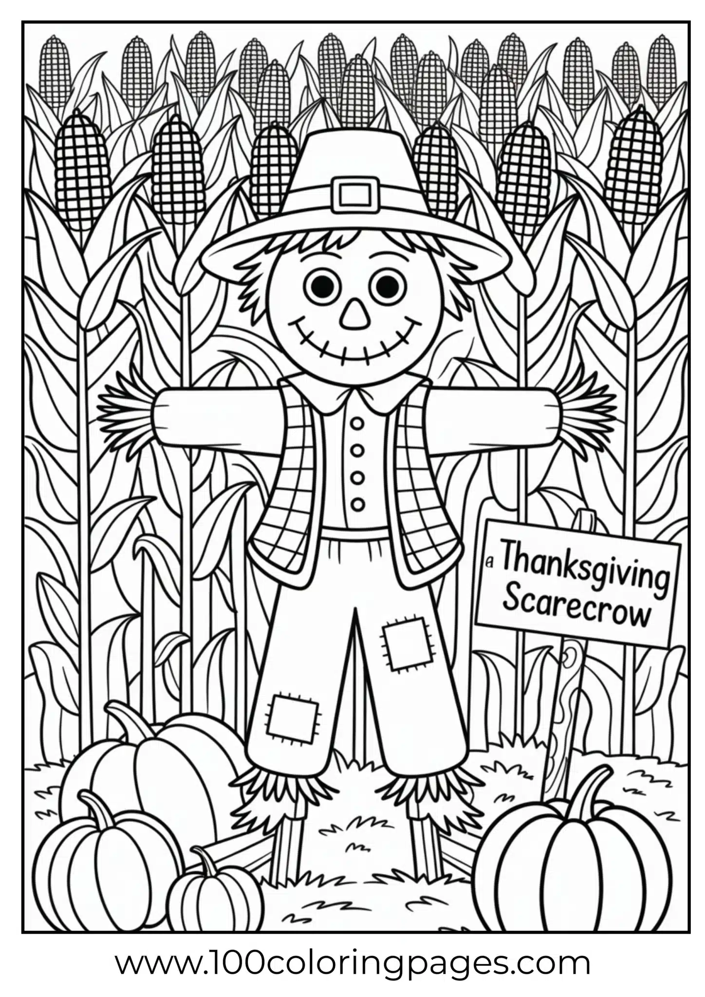 A scarecrow in pilgrim hat for Thanksgiving