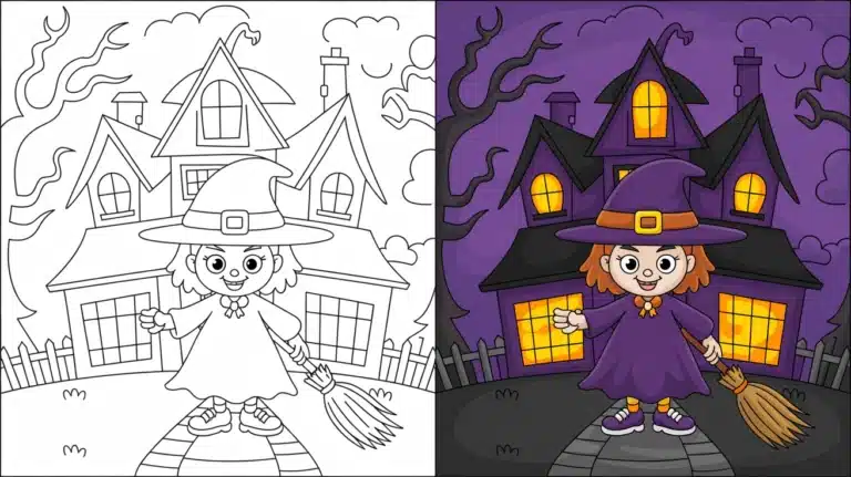 Cute witch standing in front of a haunted house, Halloween coloring pages split view black-and-white and colored version